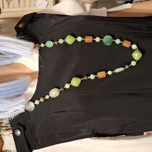 Lia Sophia Green and Brown Wooden Beaded Necklace W/ Natural Stones 32"